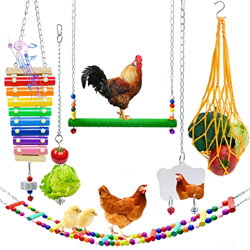 6PCS Chicken Toys for Coop: Xylophone Grinding Stone Swing Flexible Ladder String Bag Vegetable Hanging Skewer Feeder Mirror Toys for Hens