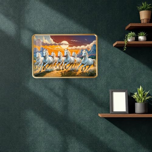 Image of 7 Running Horses Photo Frame, Ultra High Gloss Lamination, Vastu Painting for Living Room, Office, 12x18 Inch (Design 17)
