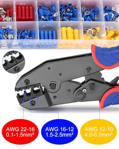 Crimpzange Kabelschuhe Set für 0,5-6mm²Kabelschuhzange mit 400 Stück Kabelschuhen Crimpzange mit Ratschenfunktion Kabelschuh für Zange Haushaltsgeräte DIY Verbindung, Fahrzeug Schaltung Wartung