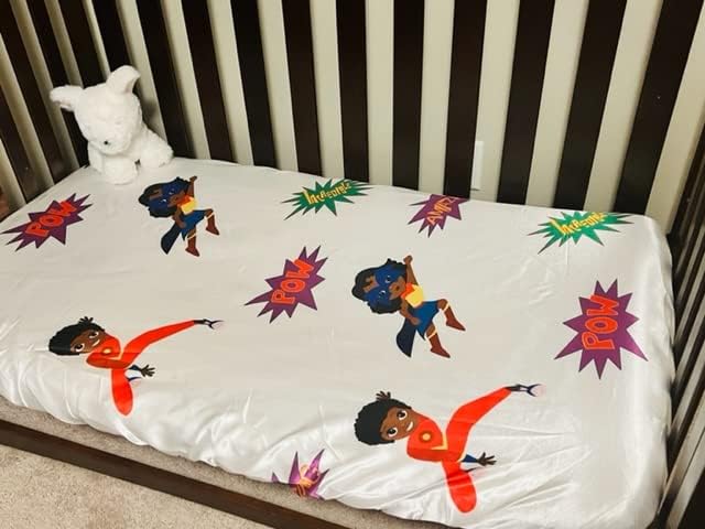 Miniatura 4 de Sábana bajera ajustable de satén para cuna para bebés, niños, cama de día para retener la humedad del cabello (superhéroes, sábana estándar para