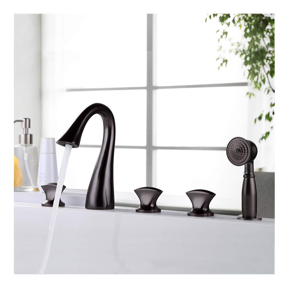 QUSYZD Tub Filler Faucet with Handheld Shower Head, Widespread Tub Faucet Set Deck Mount Gooseneck Bathtub Faucet 5 Holes Tub Tap for Bathroom,Brushed,Black,Orb