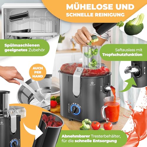 Foto von KESSER® Zentrifuge Entsafter für Obst | Gemüse aus Edelstahl WATTANGABE, große Fütterungsröhre, 3 Stufen, Elektrische Zentrifugal Saftpresse Juicer + Bürste, Saftbehälter, Rezeptbuch, Schwarz/Silber