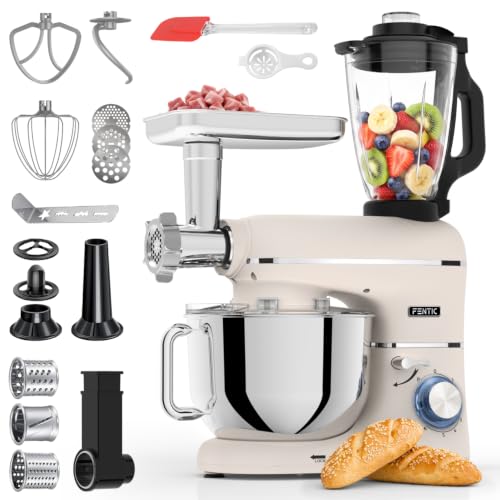 Fentic 6 en 1 Robot de Cocina – 2000W – Con Picadora de Carne, 1,5L Batidora de Vaso, Cortador, Accesorios – Batidora Amasadora con Bol 6.2L, Batidor, Gancho Amasador, Gancho para Mezclar (Beige)