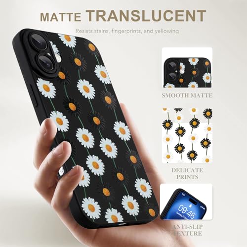 Image of Designed for iPhone 16 Plus Case, Cute Daisy Flower Floral Pattern Design, Slim Soft TPU Liquid Silicone Protective Cover for Women Girls - Black