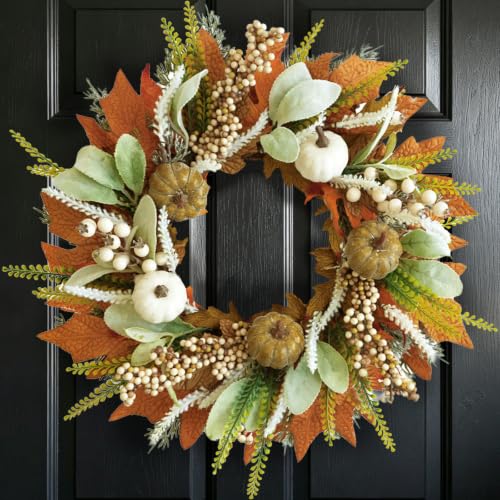 Image of 18 Inch Fall Wreath Maple Leaf Pumpkin for Front Door | Autumn Wreaths with Maple Leaves, Berries & Lamb's Ear for Thanksgiving Halloween Decoration, Indoor Outdoor Fall Decor
