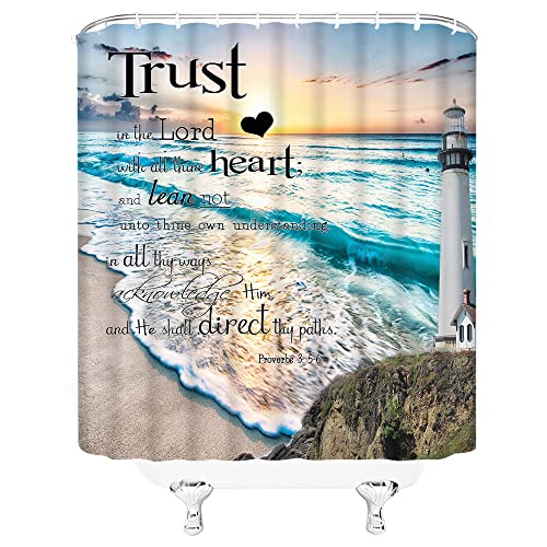 Inspirational Quote Shower Curtain Trust in The Lord with All Thine Heart Motivational Words Ocean Lighthouse Beach Nautical Coastal Scenery Fabric Bath Curtain with Hook - Image 3
