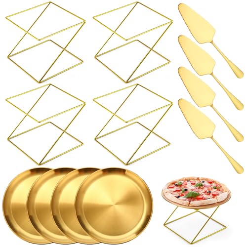Yiyiring 12 Pcs Pizza Pan Riser Stand Set: 4 Metal Pizza Stands, 4 Pizza Pan, 4 Wooden Pie Servers(Gold,Square)