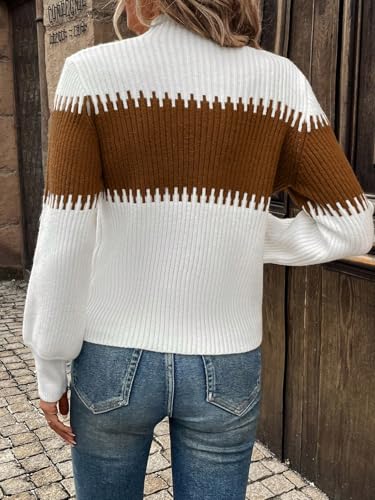 SweatyRocks Women's Lantern Sleeves Knitted Sweater Mock Neck Color Block Patchwork Casual Pullovers2
