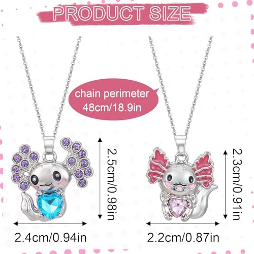 2Pcs Cute Axolotl Necklace Metal Axolotl Crystal Pendant Necklaces 19 Inch Unisex Rhinestone Necklace Charm Good Lluck Jewelry Cute Animal Jewelry Gift(Blue Pink)2