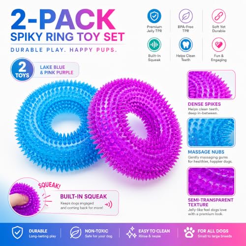 Image of Dog Chew Toys for Aggressive Chewers, Squeaky Floating Donut Rings, 2 Pack