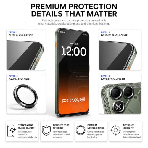 Image of FIRST MART Tempered Glass Camera Lens for Tecno Pova 8 With Installation Kit | Militry-Grade Gorilla Screen Guard & Black Metal Camera Rings Lens Protector | Edge to Edge Coverage | Black