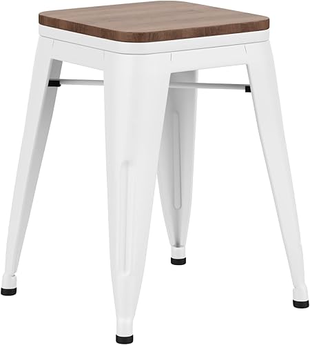 Miniatura 69 de [Juego de 4] Taburete metálico apilable industrial moderno para interior/exterior 17 pulgadas, Metal Plata sin espalda con madera,Sin espalda negro