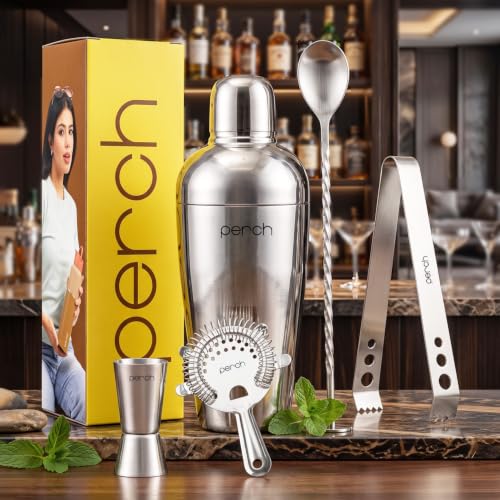 Image of O' Holic by Perch Craft 5-Piece Stainless Steel Bartender Kit|Premium Cocktail Shaker Set with Jigger 30 /60ml, Spoon, Ice Tong, & Strainer|Professional Bar Set for Home &Tour Parties|Silver