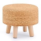 LGENHOOM Handwoven Round Ottoman, Natural Water Hyacinth Outdoor Patio Pouf Seagrass Low Stool with Wood Legs, Soft Padded Footrest for Living Room Bedroom Garden, Natural