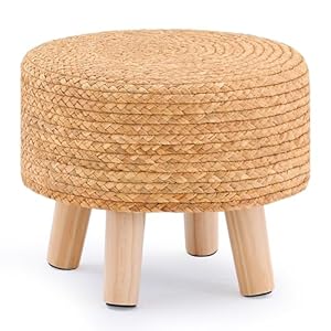 Handwoven Round Ottoman, Natural Water Hyacinth Outdoor Patio Pouf Seagrass Low Stool with Wood Legs, Soft Padded Footrest for Living Room Bedroom Garden, Natural