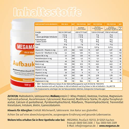 MEGAMAX Aufbaukost 500g Neutral - Astronautennahrung zur Kräftigung und zunehmen bei untergewicht - Trinknahrung hochkalorisch für Gewichtszunahme - Lactosearm -