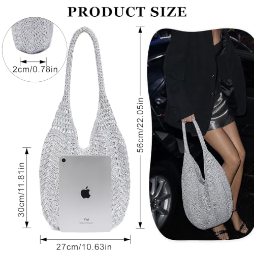 Image of Boho Crochet Shoulder Bag for Women, Colorful Beaded Beach Tote Handbag Lightweight Summer Knit Hobo Purse &Travel Organizer