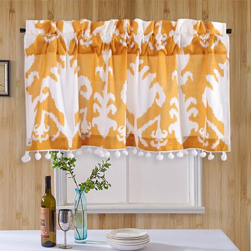 Image of Ravaiyaa - Attitude is everything Hand Printed Half Window Kitchen Curtain 100% Cotton Short Drapery Valance Curtain 40 inch X 18 inch Inch (Yellow White Ikat)