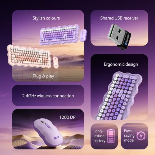 Image of Acer PopGo Wireless Keyboard and Mouse Combo | 2.4GHz Wireless USB Receiver | Retro Round Keycaps Keyboard | 1200 DPI Optical Mouse | Plug & Play | Power Saving Design for PC, Laptop, Desktop | Purple