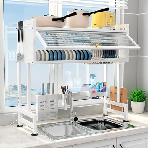 SWENEEN Escurridor De Platos sobre El Fregadero, Escurridor De Platos De Acero Inoxidable De 2 Niveles, Organizador Grande De Encimera De Cocina con Armario De Puerta Abatible Pa,