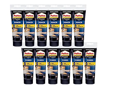 Pattex Montagekleber Power, Baukleber mit starker Anfangshaftung, Kraftkleber für saugende Materialien, Kleber für innen & außen, 12 x 250g