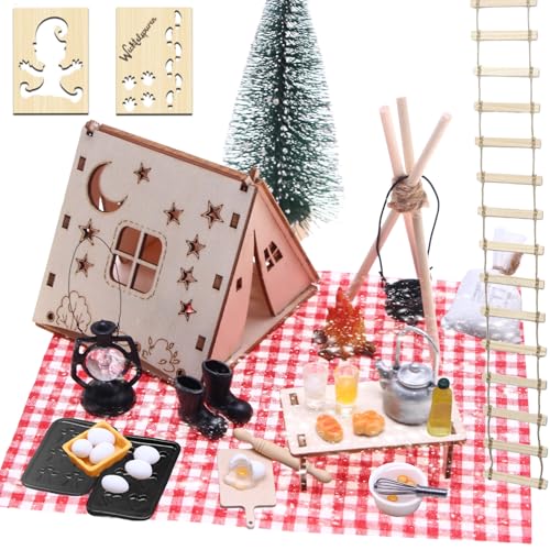 Wichtel Zubehör Weihnachten 44 Stück Wichtel Zubehör Backset DIY Miniatur Wichteltür Puppenhaus Deko mit Zelt Campinglaterne Picknickmatte Backset Weihnachtsbaum Geschenk für Advent Weihnachten