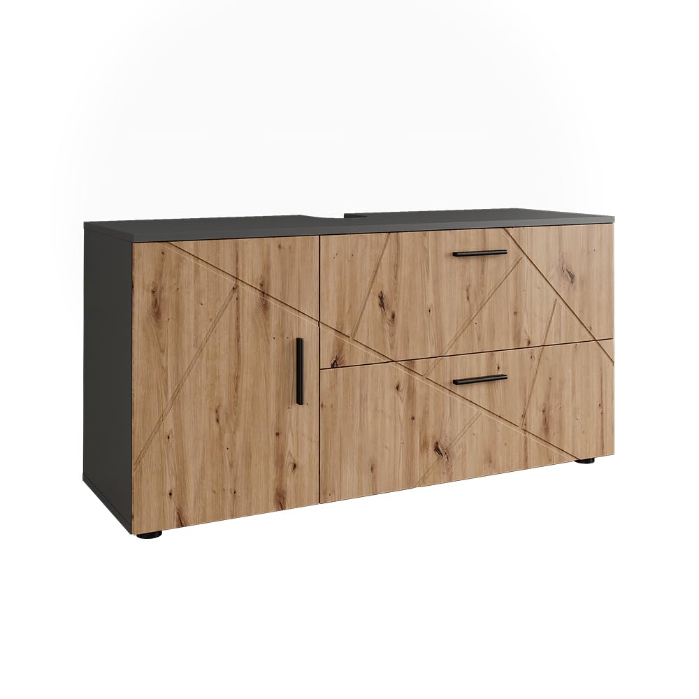Vicco Waschbeckenunterschrank Irma, Anthrazit/Goldkraft Eiche, 120.1 x 60.6 cm mit 2 Schubladen und 1 Tür, geeignet für handelsübliche Waschtische mit Siphonausschnitt