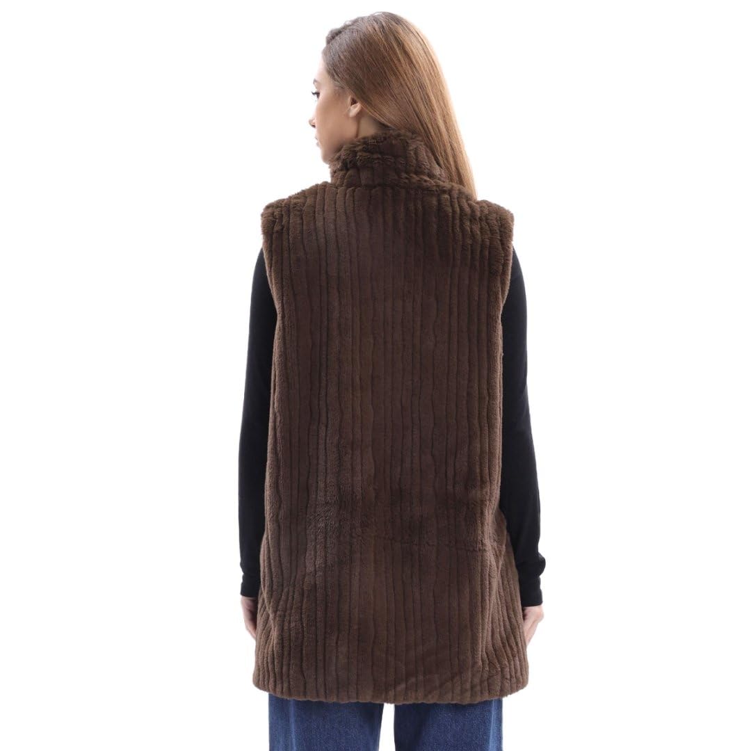 Amazhiyu Gilet invernale da donna in pelliccia sintetica senza maniche colletto alla coreana tasche cappotto con zip, Marrone, Small