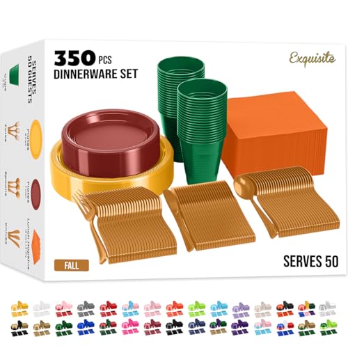 Image of 350 Pcs Thanksgiving Plastic Plates For Party, Thanksgiving Disposable Plates Set, 50 Of Each 9 inch Dinner Plate Set, 7 inch Dessert Plate, Cups, Napkins & Cutlery Plastic Dinnerware Exquisite