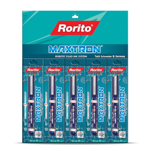 Image of Rorito Maxtron Pen | Pack of 5 | Robotic Fluid Ink Technology | Tungsten Carbide Fine Tip | Waterproof Ink | Ideal Pen for Students | Refillable (Blue)