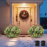 Lewondr Set of 2 Prelit Pathway Christmas Trees, 20.87" Outdoor Christmas Tree with 50 LED Lights, Pine Cones Red Berries, Battery Operated Outdoor Xmas Decor for Yard Home Porch
