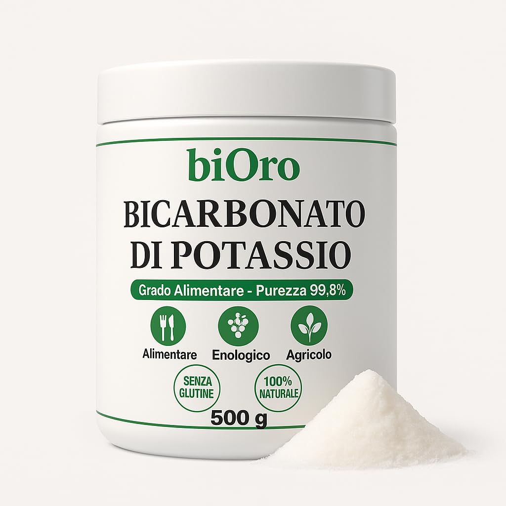 BICARBONATO DI POTASSIO Alimentare biOro 99,8% – 500g – Regolatore Acidità, Antifungino Naturale, Uso Enologico e Agricolo – Grado Alimentare Qualità Premium – Senza Glutine