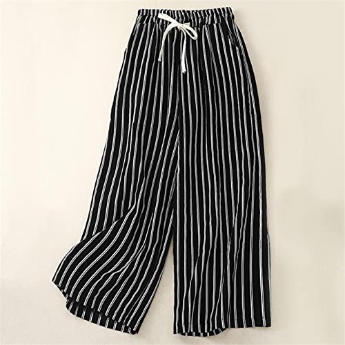FZYLQY Women's Casual Cotton Linen Pants Striped High-Waist Wide-Leg Slacks Lightweight Palazzo Capri Culotte Pants4