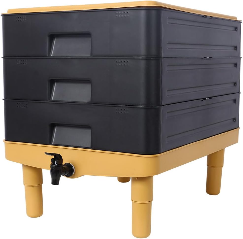 3-Tray Worm Compost Bin, 65L Stackable Worm Composter with Built-in Faucet, Indoor & Outdoor Composting System for Recycling Food & Garden Waste