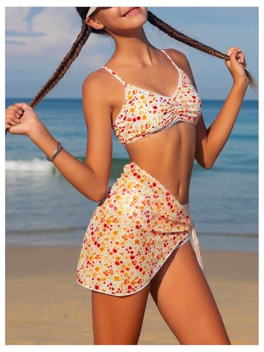 OYOANGLE Girl's 3 Piece Swimsuit Floral Print V Neck Spaghetti Strap Bikini Set with Beach Cover Up Skirt2