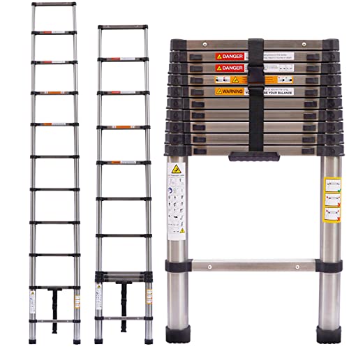Escalera telescópica multiusos de acero inoxidable de 10 pies, escalera plegable y plegable, plegable y portátil, carga máxima de 150 kg, escalera ajustable de 11 peldaños, estándar EN131