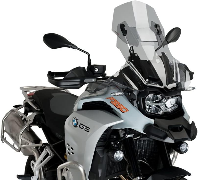 Puig Touring Screen installed on a light-colored BMW F850GS motorcycle, viewed from the front-right.
