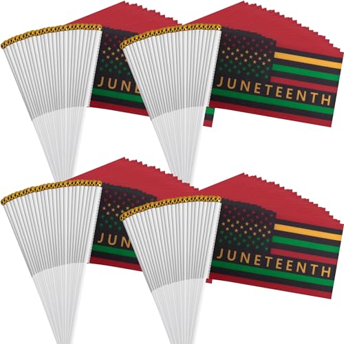 100 Pack Small Juneteenth Handheld Flags Sticks, Mini Juneteenth Celebrate Freedom Flag on Stick, Small Hand Waving Flags for Africa American Party Parades Event Decoration
