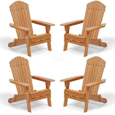 VINGLI Folding Adirondack Chairs Set of 4, Wood Adirondack Chair for Outdoor, Foldable Fire Pit Chairs for Patio, BBQ, Porch, Yard, Pool