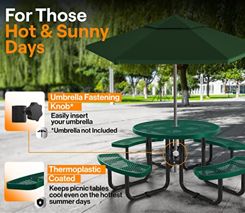 Outtans Round Outdoor Picnic Table 46-Inch - Picnic Tables For Outdoors With Umbrella Hole, Portable Picnic Table, Adjustable Seats, 2 Extra Legs, Green Metal Picnic Table #TOP3