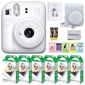 Fujifilm Instax Mini 12 Instant Camera Bundle with Fujifilm Instax Mini Instant Film Value Pack (60 Sheets) with Accessories Including Protective Case, Strap, Photo Album (Clay White)