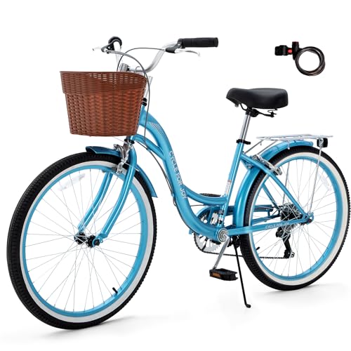 RegalRider 26 inch Beach Cruiser Bike for Women, 7 Speed Commuter Bicycle with Basket & Rear Rack, Low-Step Through Frame, Adjustable Seat and Handlebar, Adult City Cruiser (Green/Blue)