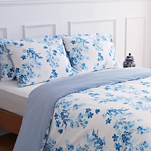 LERUUM Single Cotton Duvet Cover Sets Blue Floral Striped Bedding - Single Quilt Cover Set Blue Bedding Sets for Girls