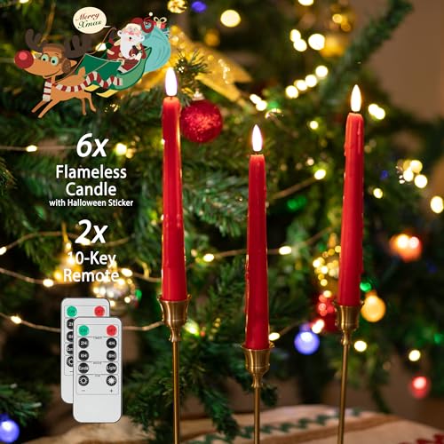 Image of Flameless Taper Candles With Two Remote, 9.6 inch Dripless Battery Operated, 6 Pack Real Wax LED Flickering Candlesticks With 3D Flame for Home, Wedding, Party, Red