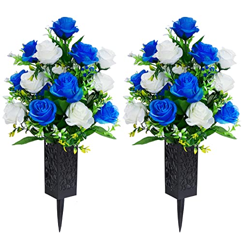 LVXINLI 2 Sets Artificial Cemetery Flowers,Memorial Flowers,Beautiful Arrangements for Headstones,Black Plastic vase with Drainage Hole Long Spikes Outdoor Memorials(Dark Blue)…