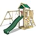 WICKEY Parque infantil de madera MultiFlyer con columpio y tobogán verde, Torre de escalada de exterior con arenero y escalera para niños