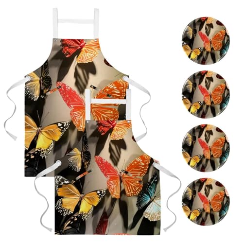 Lot de 2 tabliers de cuisine avec 4 broches à motif papillons pour restaurant et bar