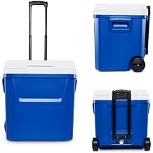 60 QT Wheeled Ice Chest Cooler, Blue, Insulated Portable Cooler with Locking Telescoping Handle, Self-Draining Cup Holders and Drain Plug, Heavy-Duty Leak-Proof Cooler