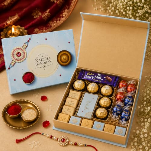 Image of Raksha Bandhan Gift Box with 12 Compartments | Premium Hard Board Festive Packaging Box with Golden Tray | Reusable Empty Gift Box for Dry Fruits Chocolates Sweets and Rakhi Gifting, Sky Blue, Pack of 6