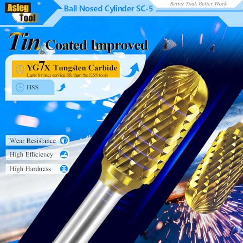 Image of SC-5 5pcs Tungsten Carbide Burr TiN Rotary File Cylindrical Shape with Radius End Double Cut with 1 /4''Shank for Die Grinder Drill Bit